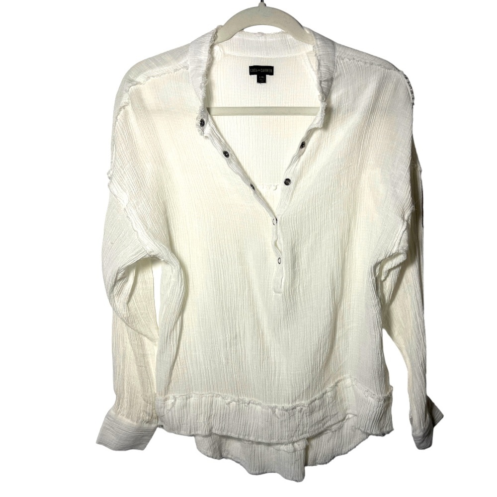 Coco + Carmen White Raw Hem Henley Style Gauze Pullover Blouse Top L/XL